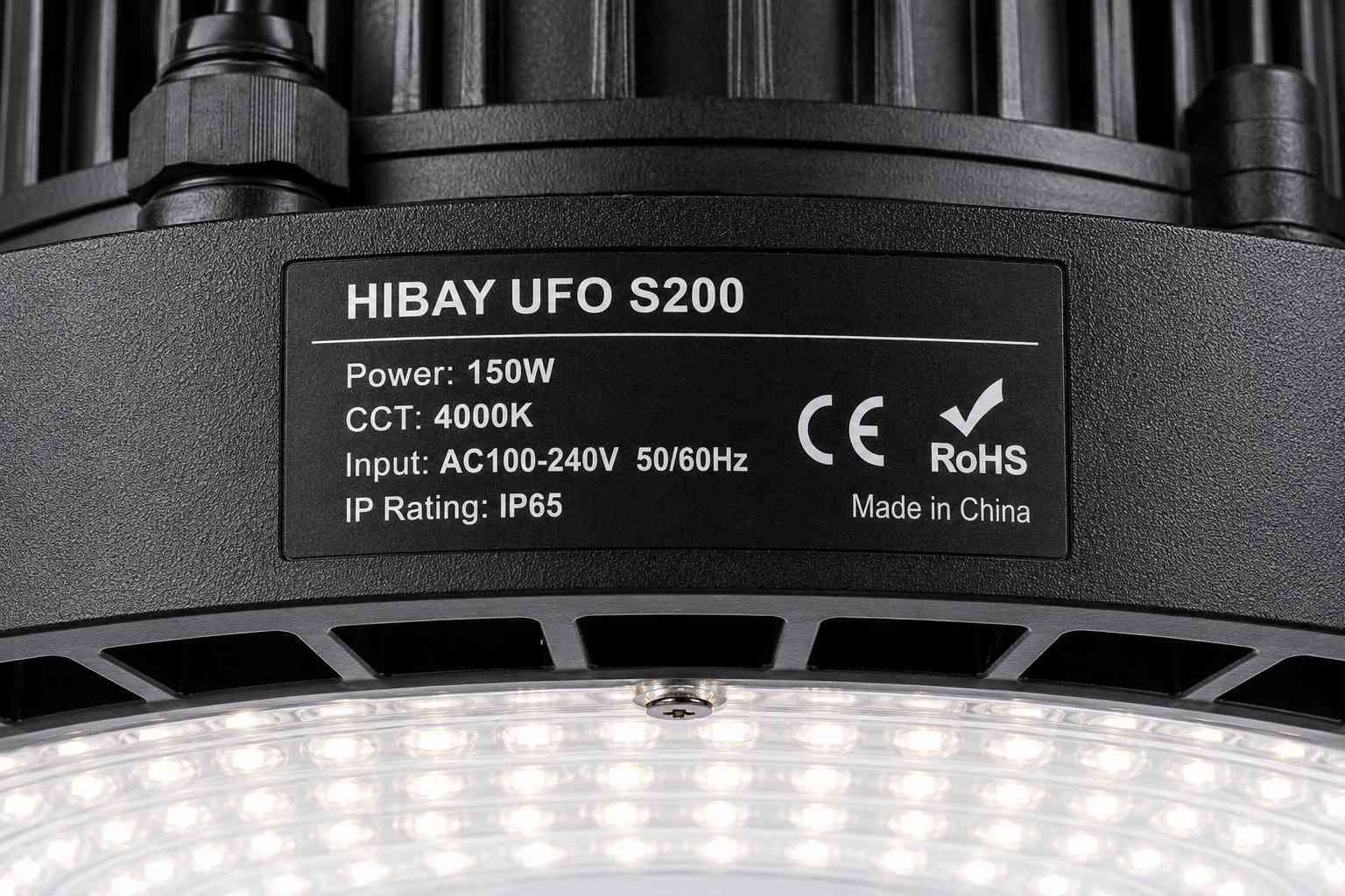 BRI-LED HIBAY UFO S200 - certifikace CE RoHS, výrobní štítek